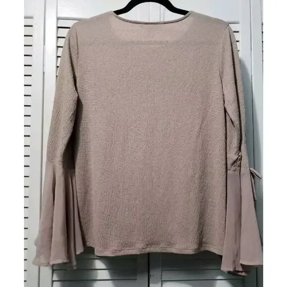 Lauren Conrad Gauzy Top Women's Size Small Taupe Sheer Bell Sleeve Blouse - Picture 5 of 10